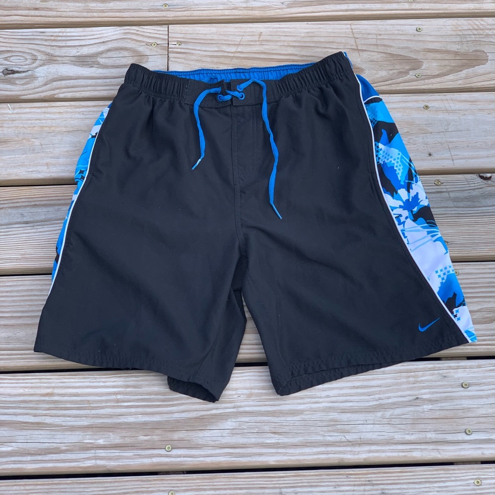 Nike Blue Black Floral Swim Trunks With Inner Mesh